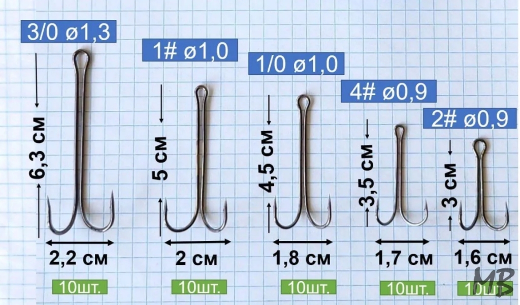 Крючки Двойники набор 50 шт, размеры на фото