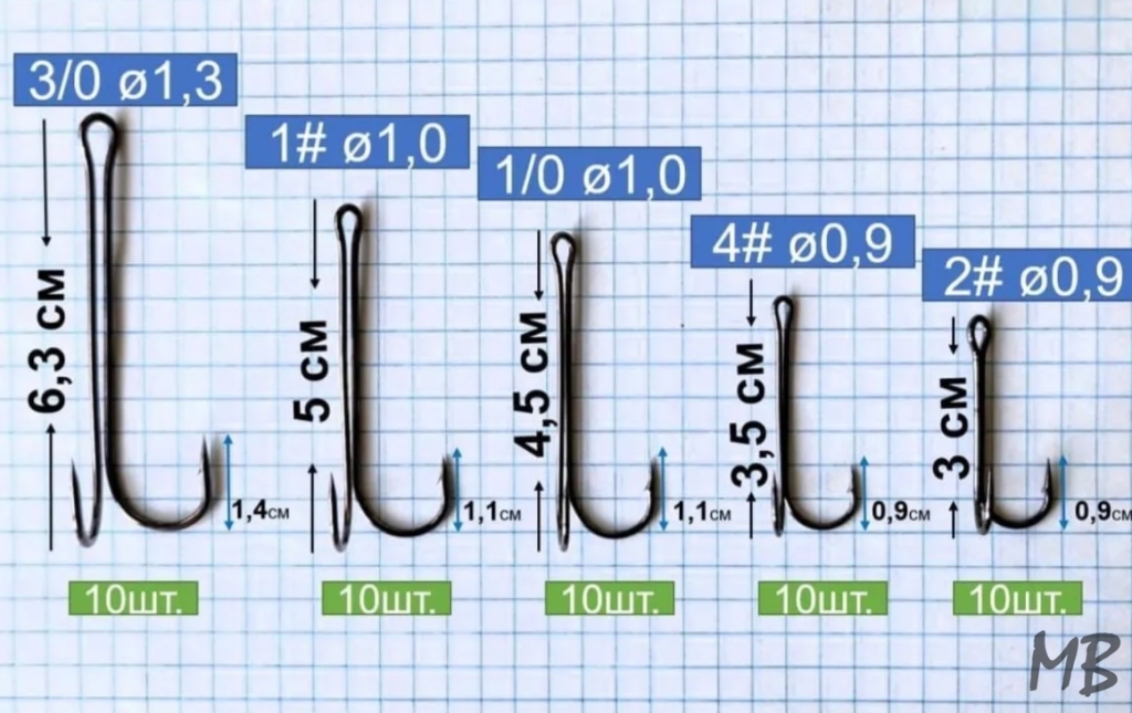 Крючки Двойники набор 50 шт, размеры на фото